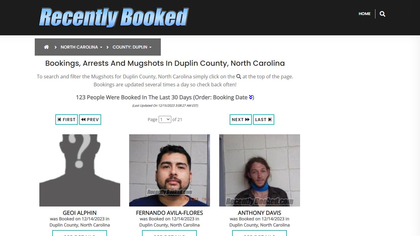 Bookings, Arrests and Mugshots in Duplin County, North Carolina